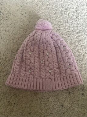 Souris Mini Light Pink Cable Knit Pom Hat with Gem Accents 8-10Y